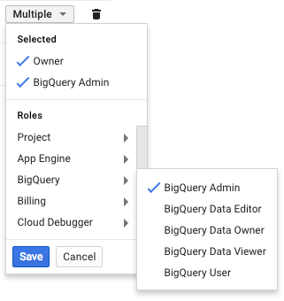Google BigQuery admin role selection.