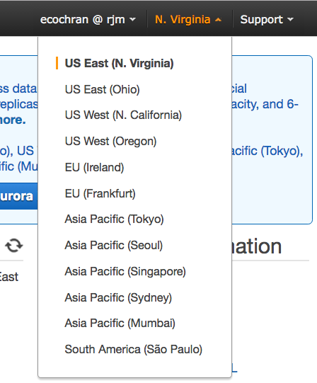 Selecting a Region in the RDS-AWS console.