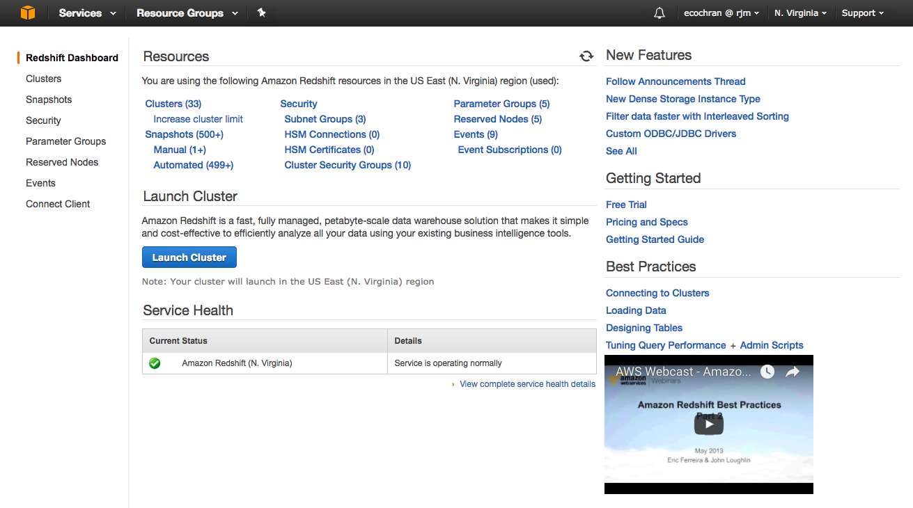Redshift dashboard page in the AWS console.