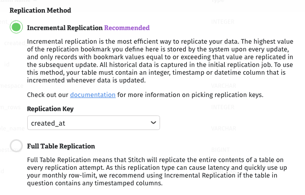 Table Settings page > Replication Methods