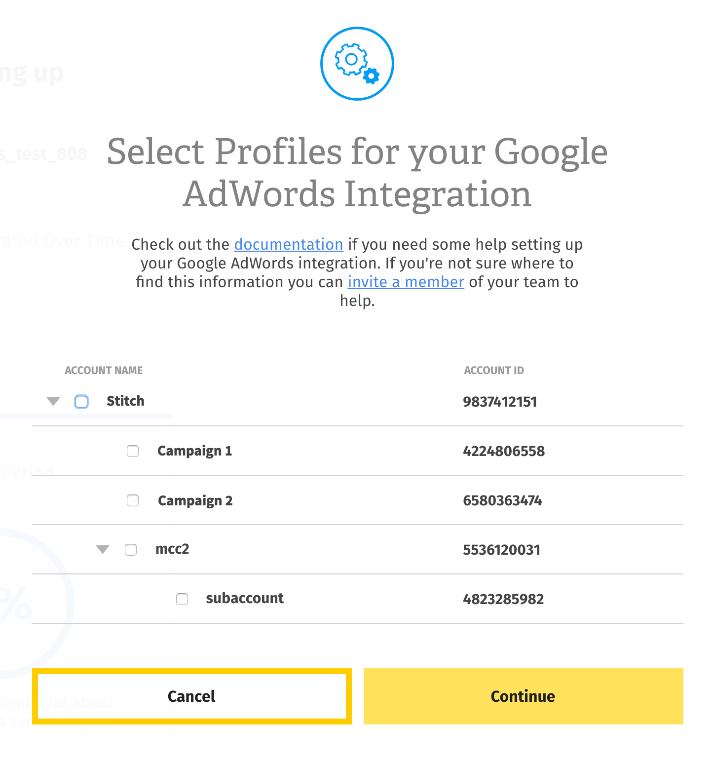 Selecting Google AdWords profiles.